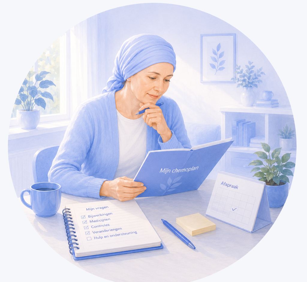 Illustratie van een patiënt die tijdens de chemotherapie haar chemoplan doorneemt en aantekeningen maakt in haar persoonlijke chemoplan.
