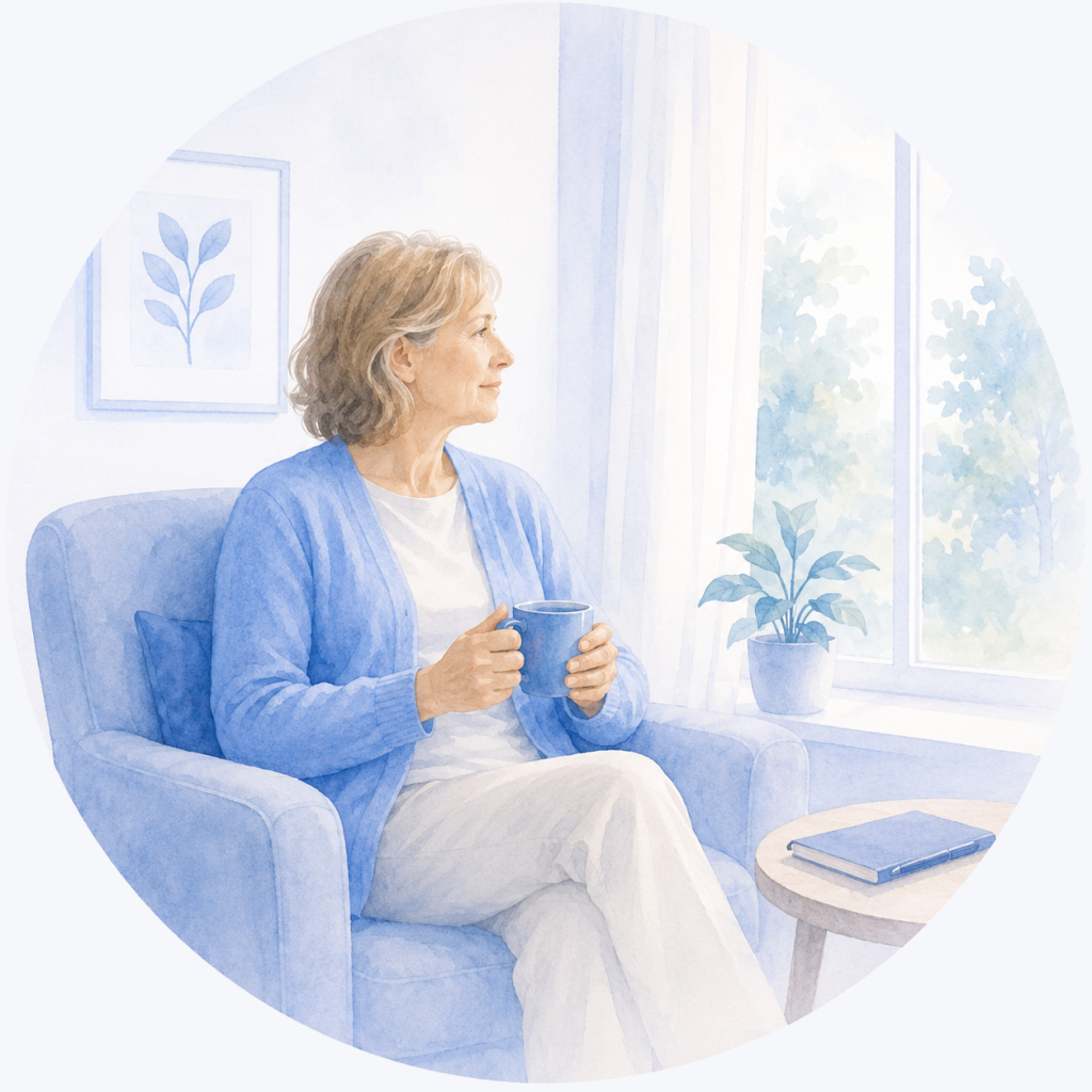 Illustratie van een patiënt in de herstelfase na chemotherapie die nadenkt over ondersteuning, nazorg en contactmogelijkheden bij vragen of klachten.