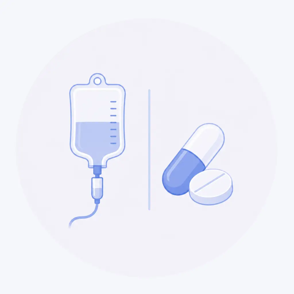 Illustratie van verschillende soorten chemotherapie met infuusbehandeling en medicijnen in tablet- en capsulevorm.