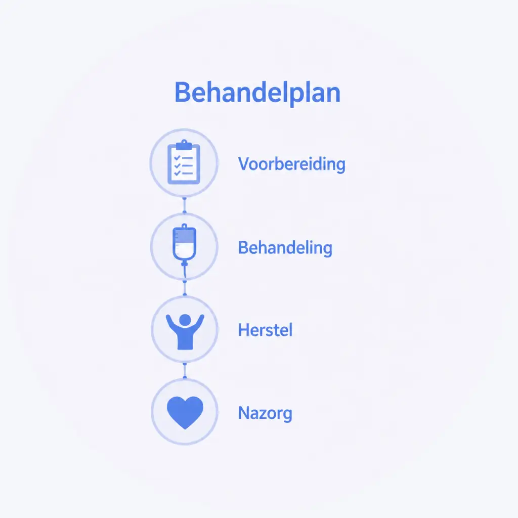Illustratie van een behandelplan voor chemotherapie met de fasen voorbereiding, behandeling, herstel en nazorg.