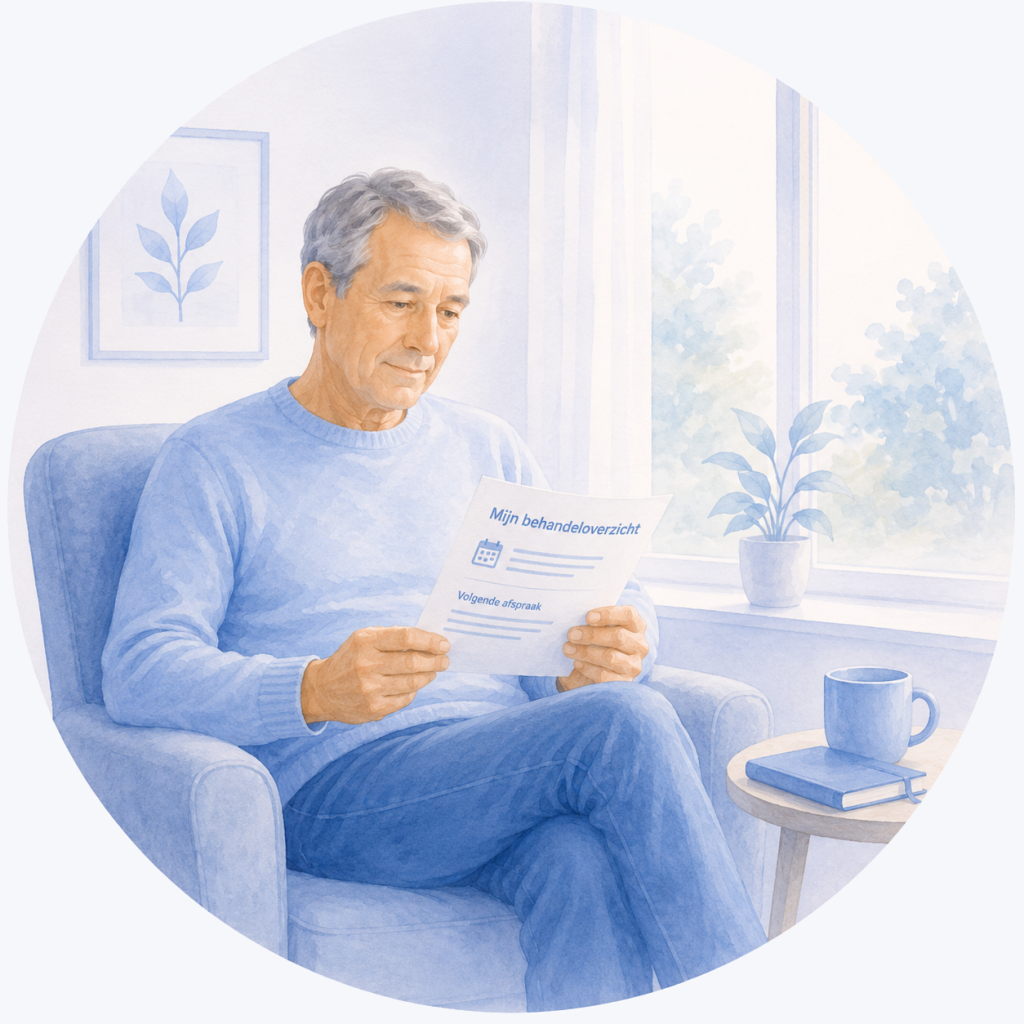 Illustratie van een patiënt die na chemotherapie zijn behandeloverzicht bekijkt en informatie leest over mogelijke vervolgbehandelingen en controleafspraken.