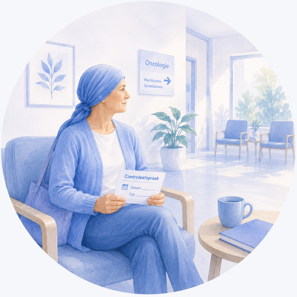 Illustratie van een patiënt die een controle afspraak bijwoont in het ziekenhuis na chemotherapie, als onderdeel van het nazorg- en control traject.