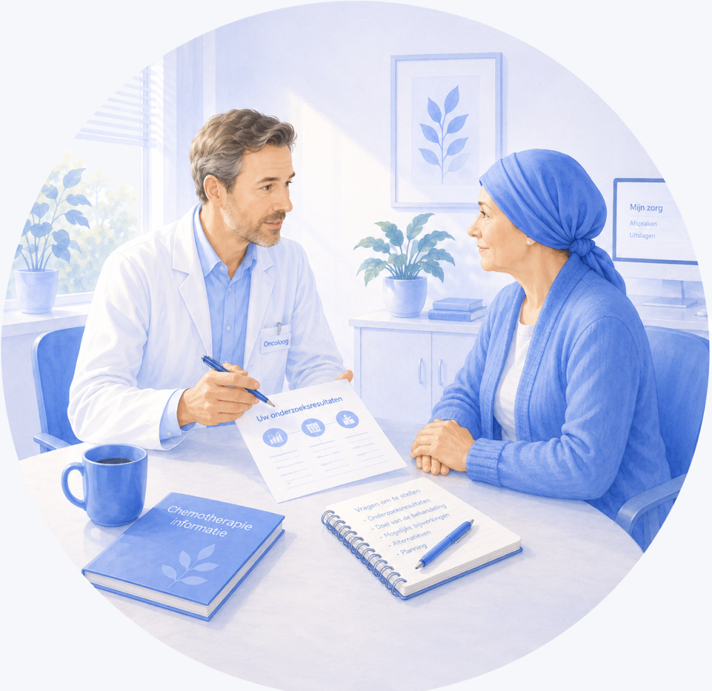 Illustratie van een gesprek tussen een oncoloog en een patiënt over onderzoeksresultaten en het effect van een kankerbehandeling.
