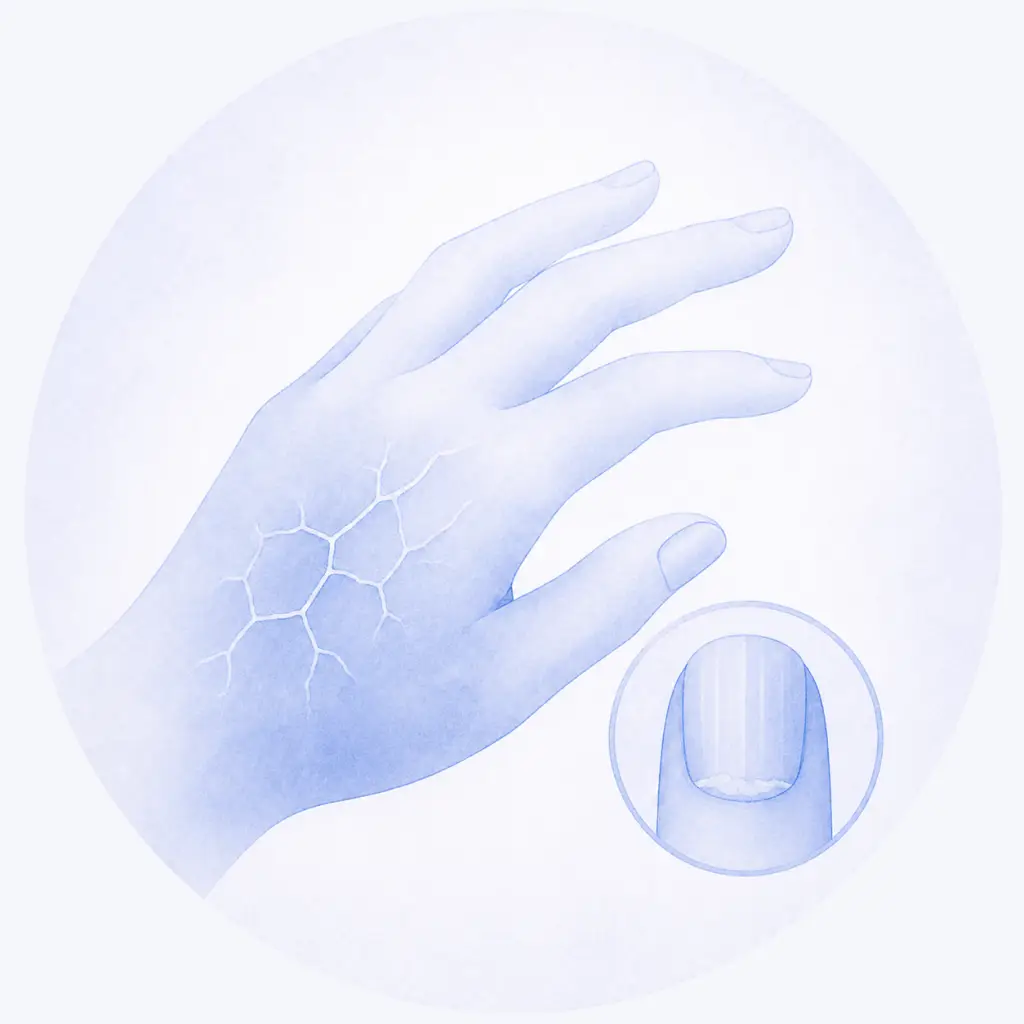 Illustratie van droge huid en nagelproblemen als mogelijke bijwerkingen van chemotherapie.