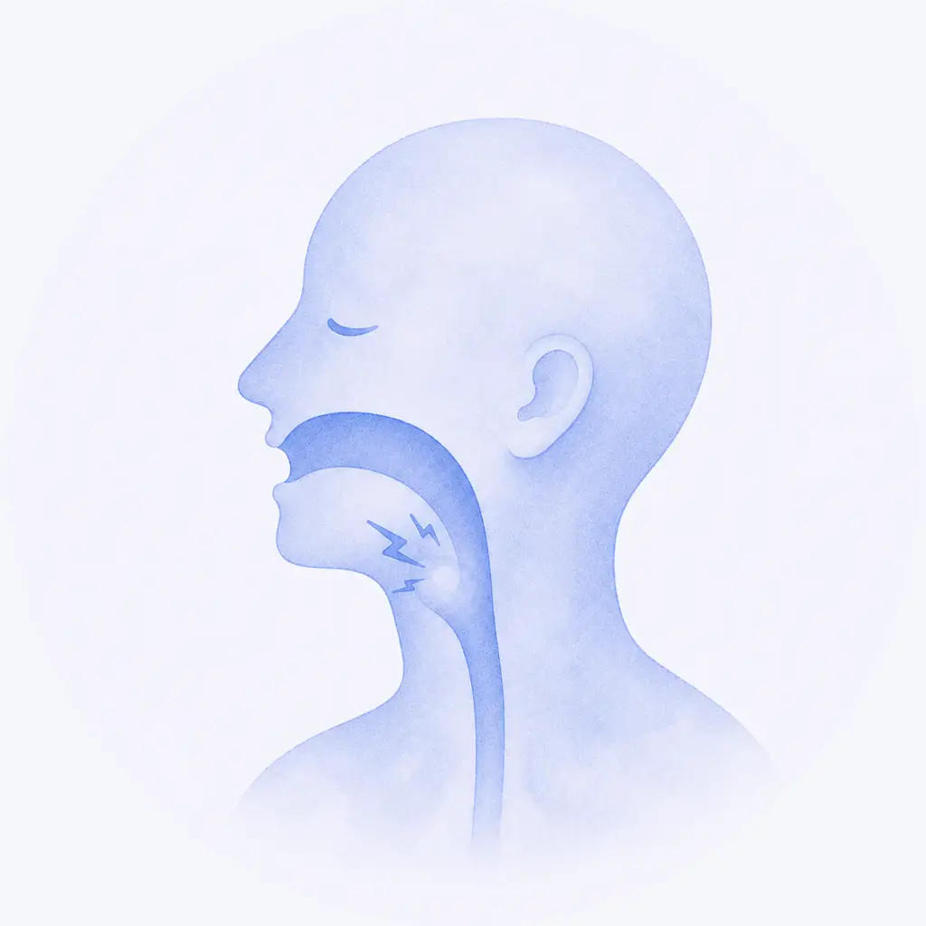 Illustratie van pijnlijke mond en keel als bijwerking van chemotherapie met irritatie in de keelholte.
