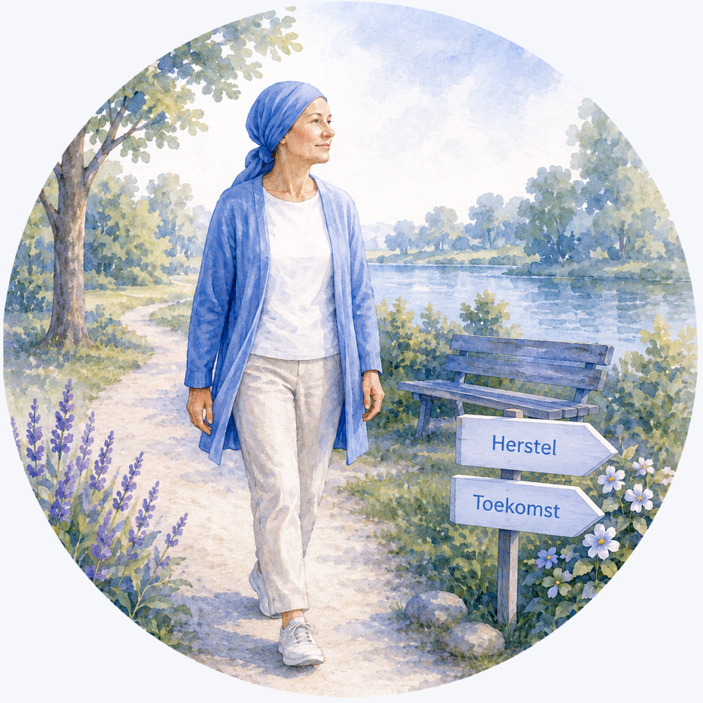 Illustratie van een patiënt die na chemotherapie een wandeling maakt en vooruitkijkt naar herstel, nazorg en de toekomst, met aandacht voor mogelijke langetermijnbijwerkingen.