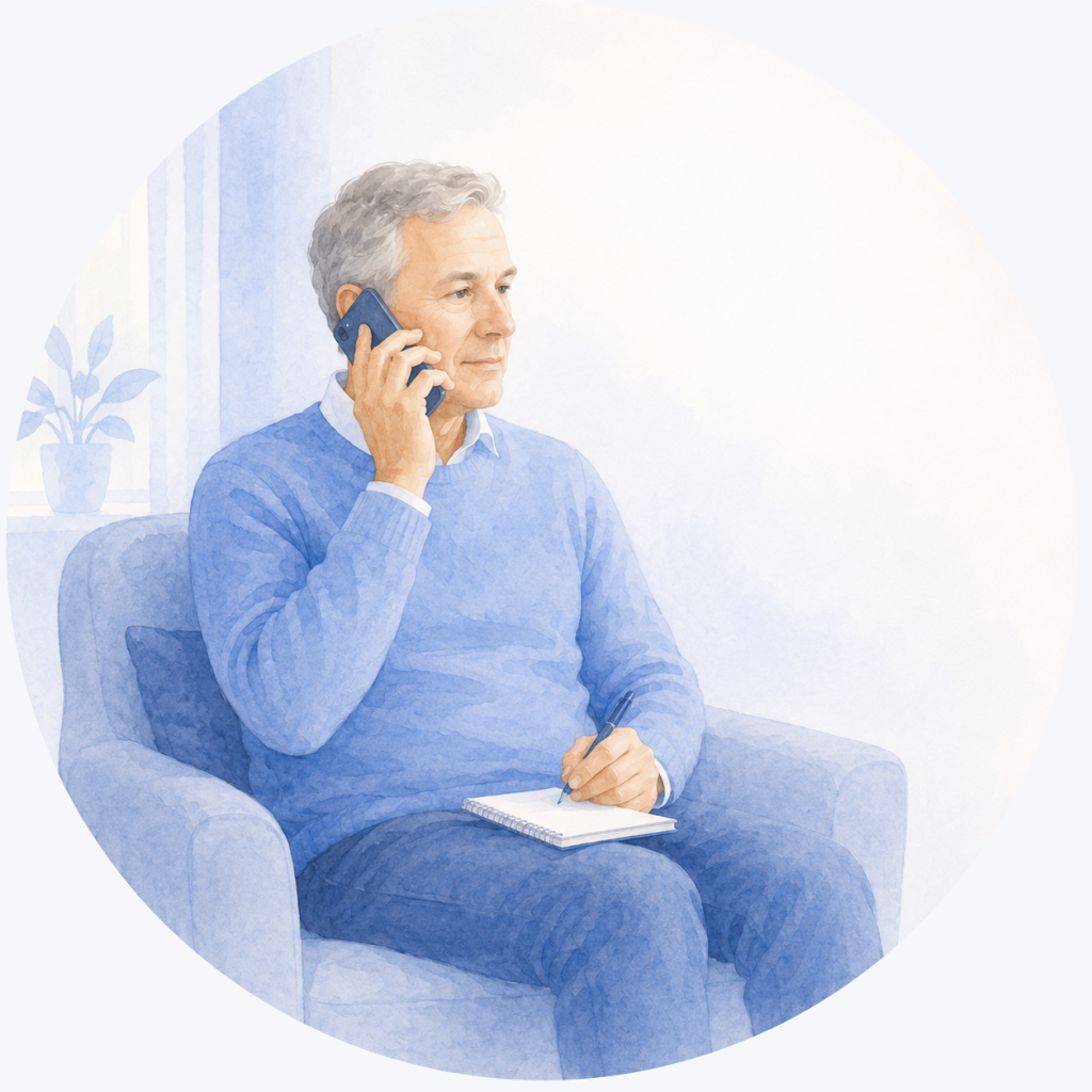 Illustratie van een patiënt die tijdens de chemotherapie telefonisch contact heeft met een zorgverlener en aantekeningen maakt in zijn persoonlijke chemoplan.