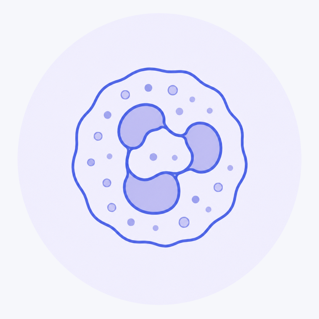 Illustratie van een neutrofiel, een type witte bloedcel dat helpt bij de afweer tegen bacteriën en infecties.