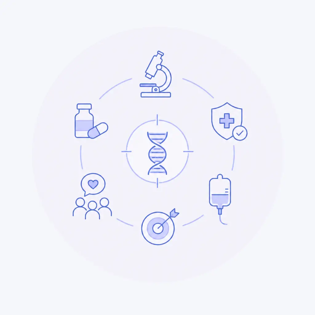 Illustratie van moderne ontwikkelingen en innovaties binnen chemotherapie en kankerbehandeling, met symbolen voor DNA, onderzoek, medicijnen en gerichte therapieën.