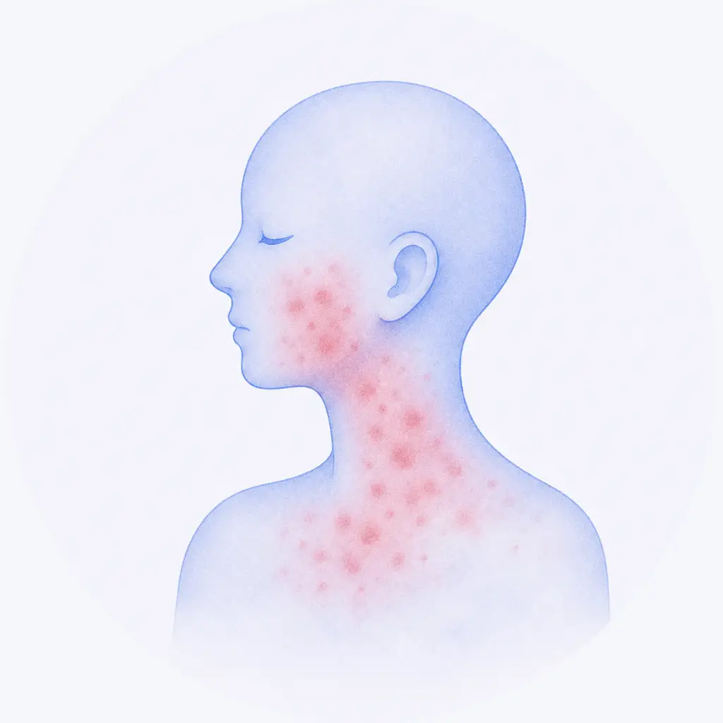 Illustratie van een overgevoeligheidsreactie tijdens chemotherapie met rode huiduitslag op hals en gezicht.