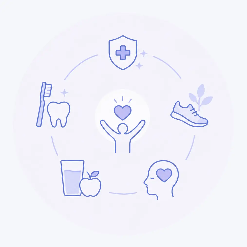 Illustratie met aandachtspunten tijdens chemotherapie zoals mondzorg, voeding, beweging, mentale gezondheid en bescherming tegen infecties.
