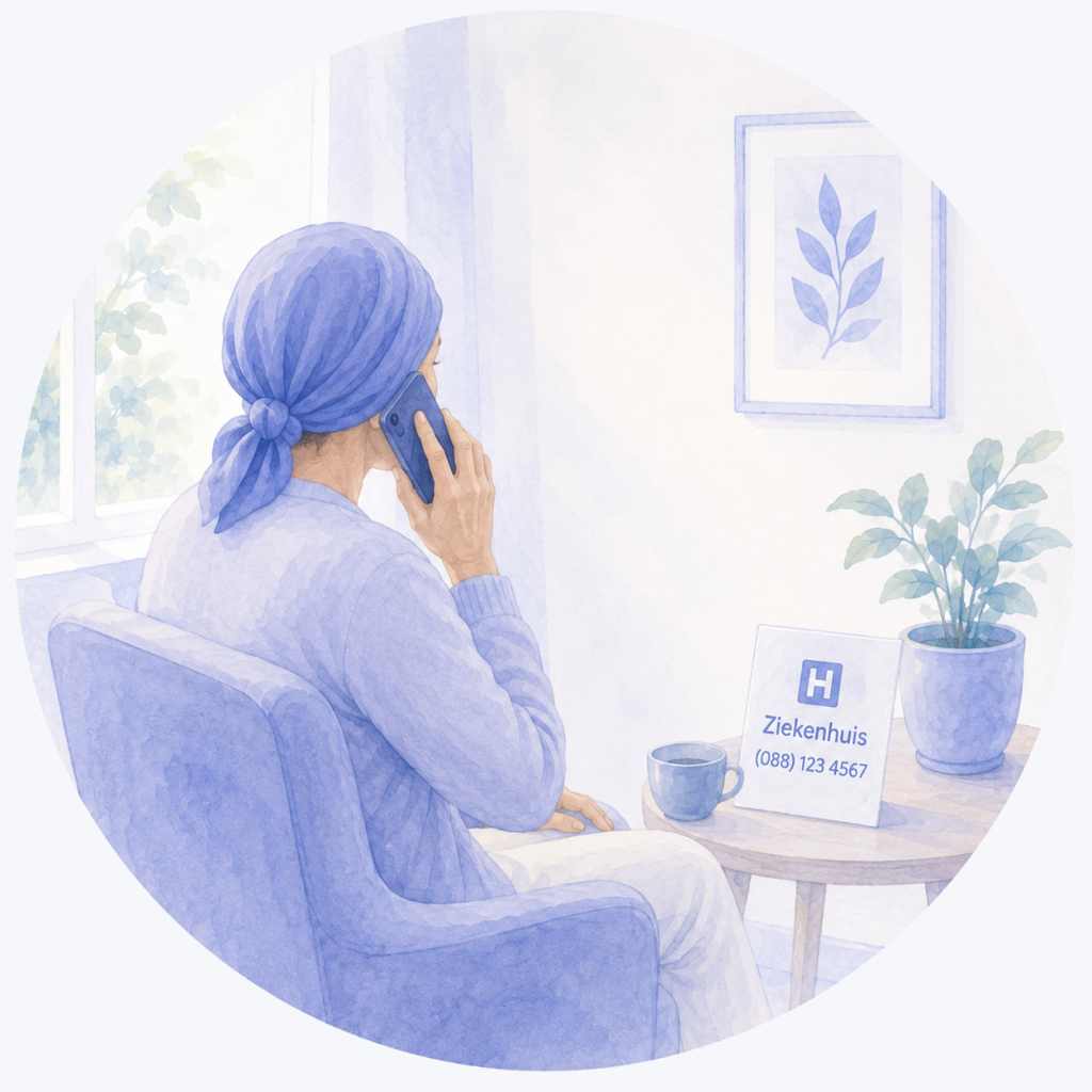 Illustratie van een patiënt die telefonisch contact opneemt met het ziekenhuis om klachten of vragen tijdens de chemotherapie te bespreken.