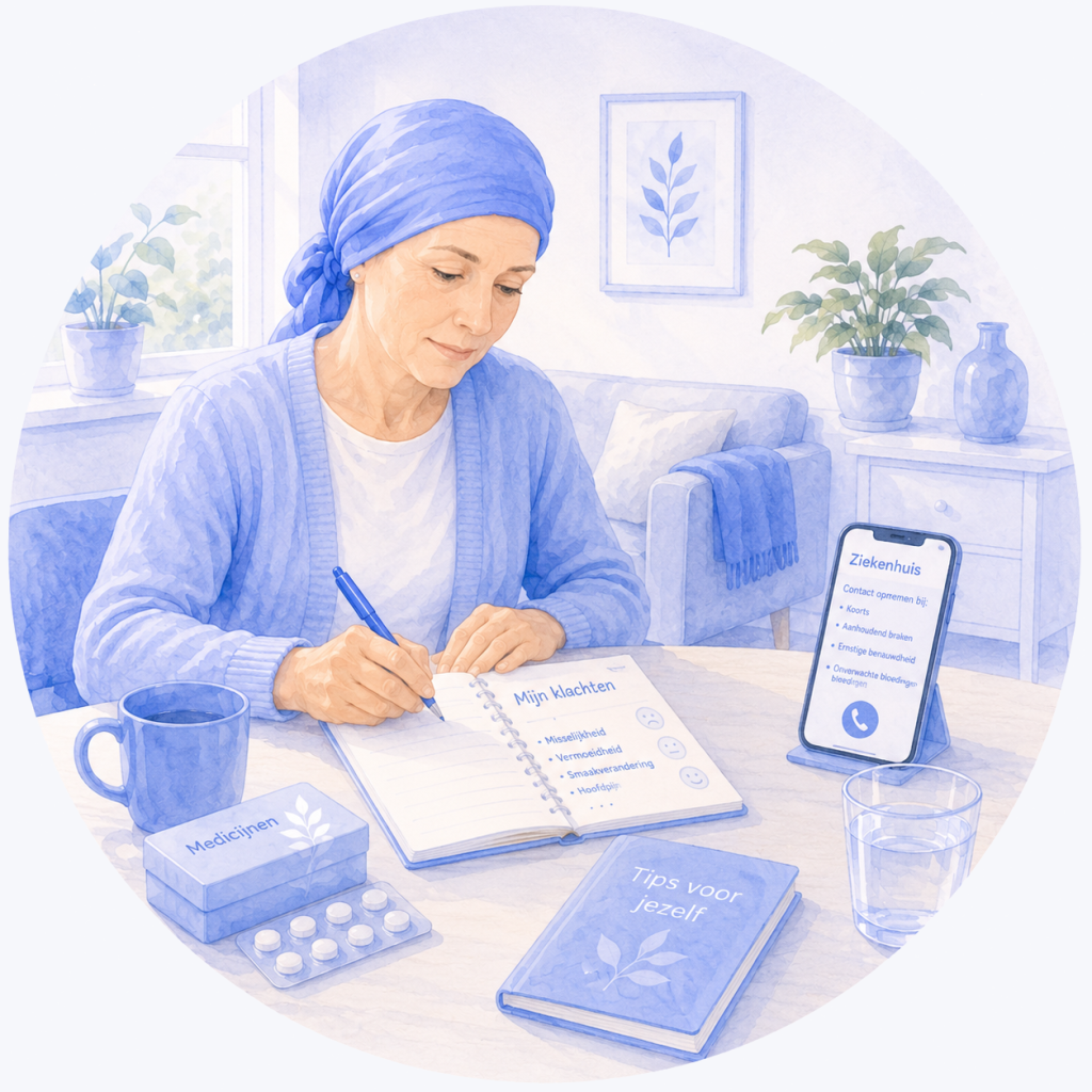 Illustratie van een patiënt die klachten bijhoudt tijdens chemotherapie en informatie gebruikt over hoe met bijwerkingen om te gaan en wanneer contact op te nemen met het ziekenhuis.