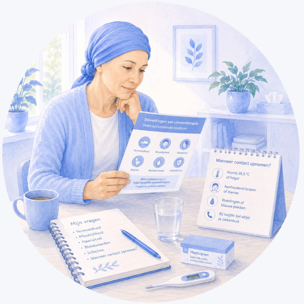 Illustratie van een patiënt die informatie leest over mogelijke bijwerkingen van chemotherapie en signalen waarop contact met het ziekenhuis nodig is.