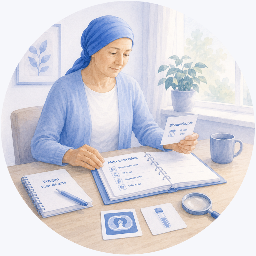 Illustratie van een patiënt die zich voorbereidt op vervolgonderzoeken na chemotherapie, met aandacht voor controleafspraken, bloedonderzoeken, scans en gesprekken met het behandelteam.