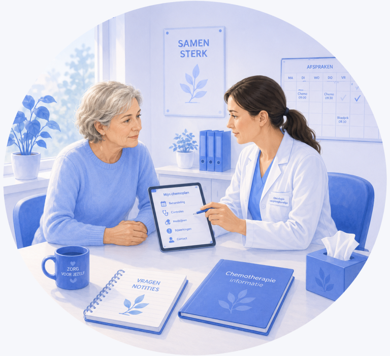 Illustratie van een patiënt en oncologieverpleegkundige die samen een persoonlijk chemoplan bespreken met afspraken, medicijnen en bijwerkingen.