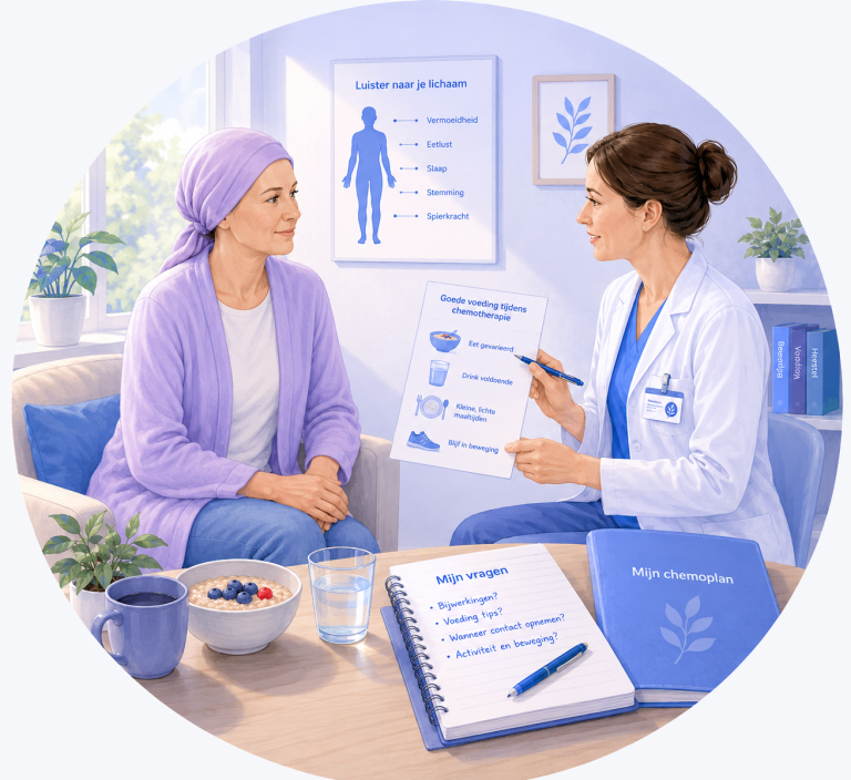 Illustratie van een gesprek tussen een patiënt en een oncologieverpleegkundige over mindset, voeding en zelfzorg tijdens chemotherapie.