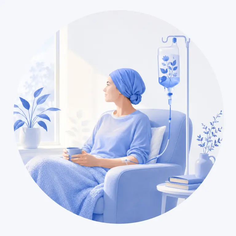 Vrouw ontvangt chemotherapie in een rustige stoel bij het raam thuis of in het ziekenhuis, met infuus en blauwe hoofddoek.
