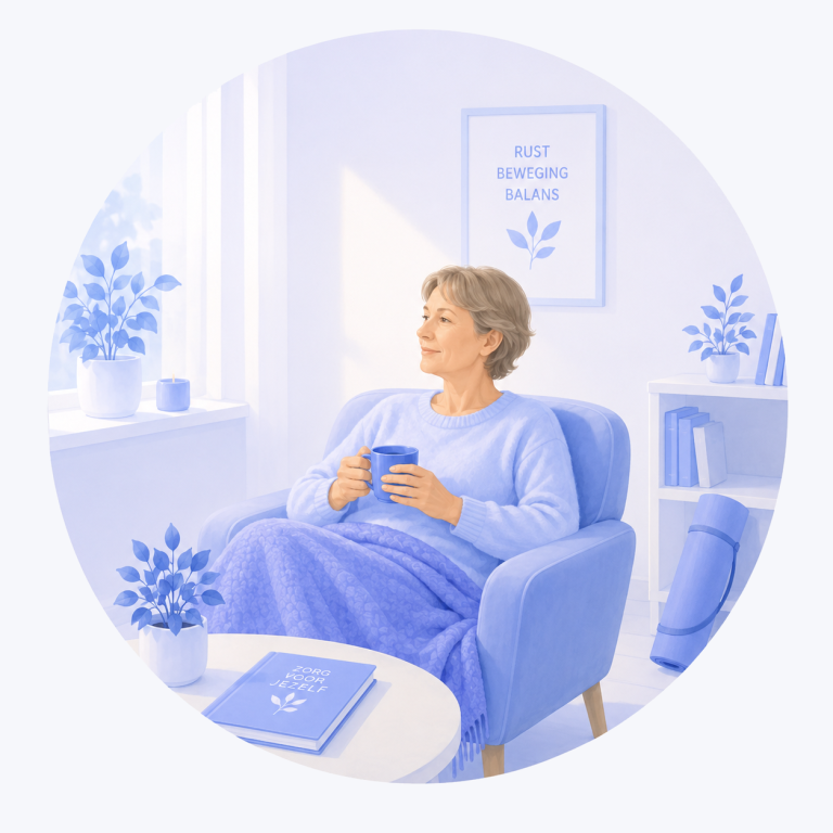Illustratie van dagelijkse verzorging tijdens chemotherapie met een vrouw die rust neemt in een comfortabele thuisomgeving.