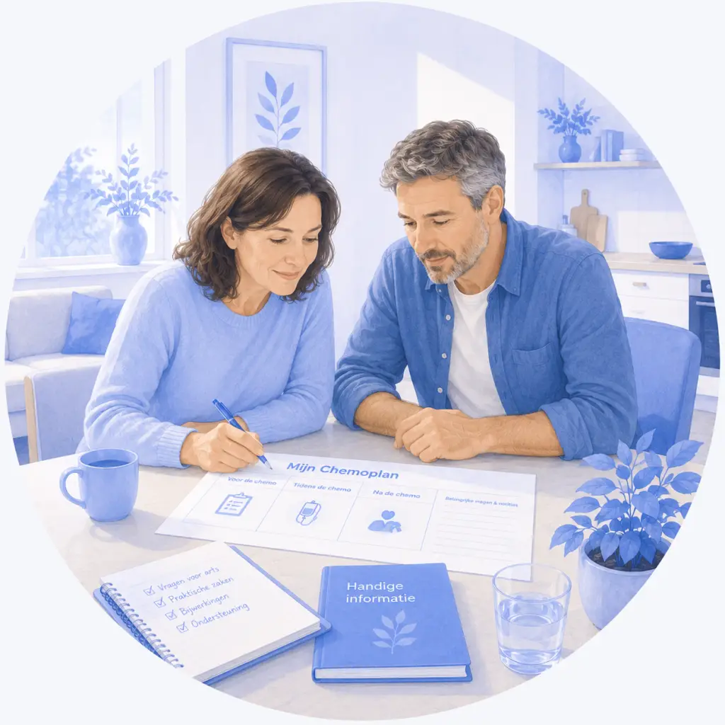 Man en vrouw stellen thuis samen een persoonlijk chemotherapieplan op aan de keukentafel.