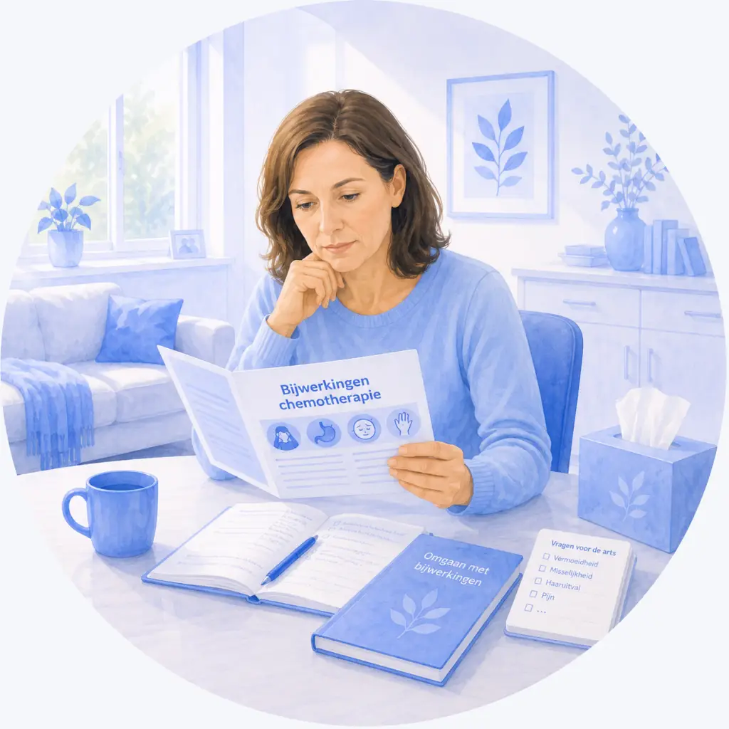 Vrouw leest informatie over mogelijke bijwerkingen van chemotherapie aan de keukentafel thuis.