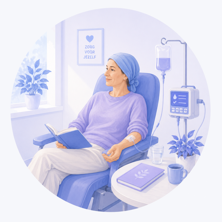Illustratie van een patiënt die chemotherapie ontvangt via een infuus in een rustige behandelruimte van het ziekenhuis.