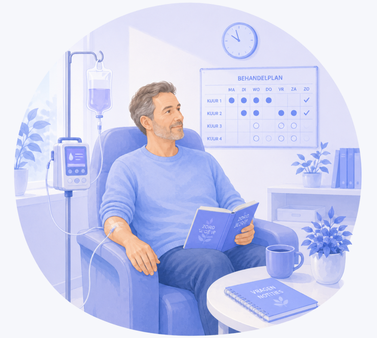 Illustratie van een patiënt die chemotherapie ontvangt terwijl hij het behandelplan en de verschillende kuren volgt.