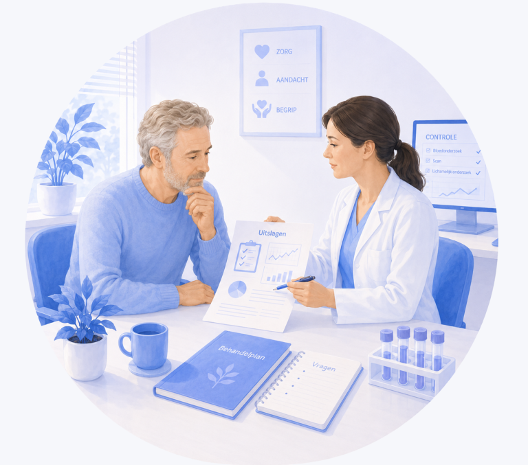 Illustratie van een patiënt die samen met een oncologieverpleegkundige de eerste stappen van een chemotherapiebehandeling bespreekt.