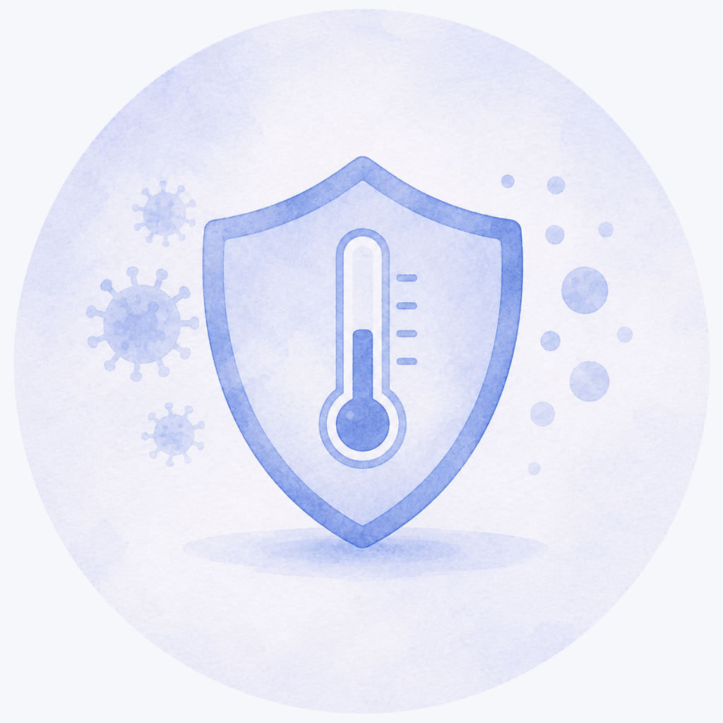 Illustratie van koorts en verhoogd infectierisico tijdens chemotherapie met thermometer en beschermschild.