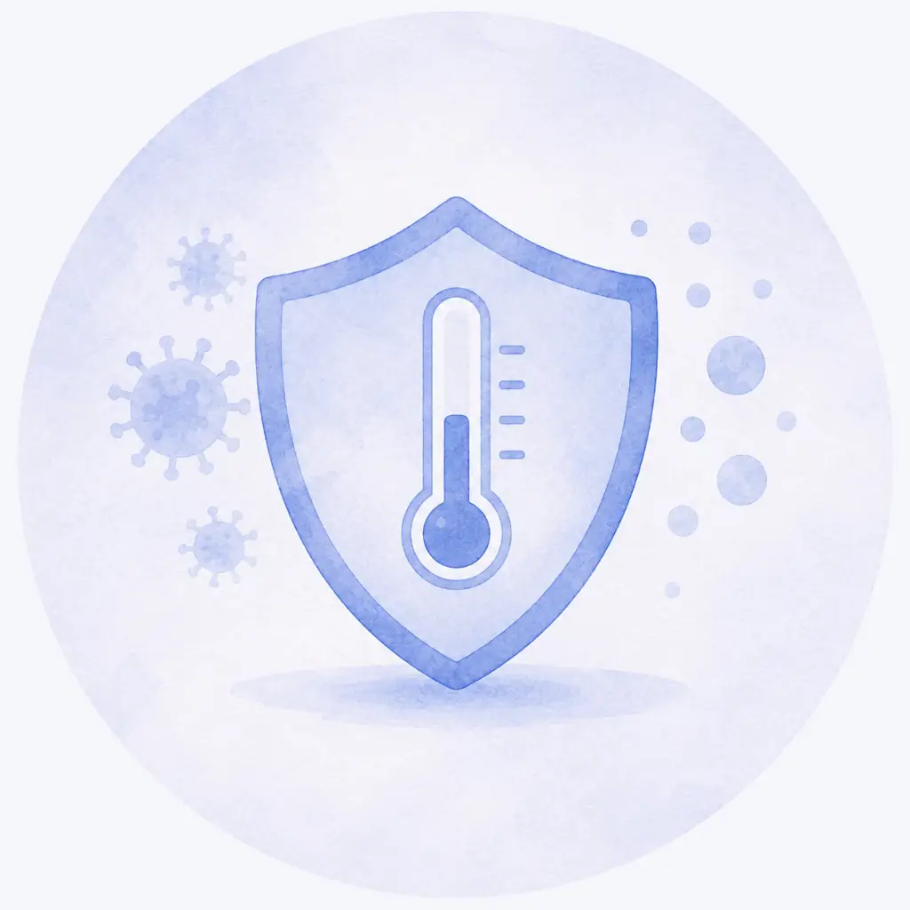 Illustratie van koorts en verhoogd infectierisico tijdens chemotherapie met thermometer en beschermschild.