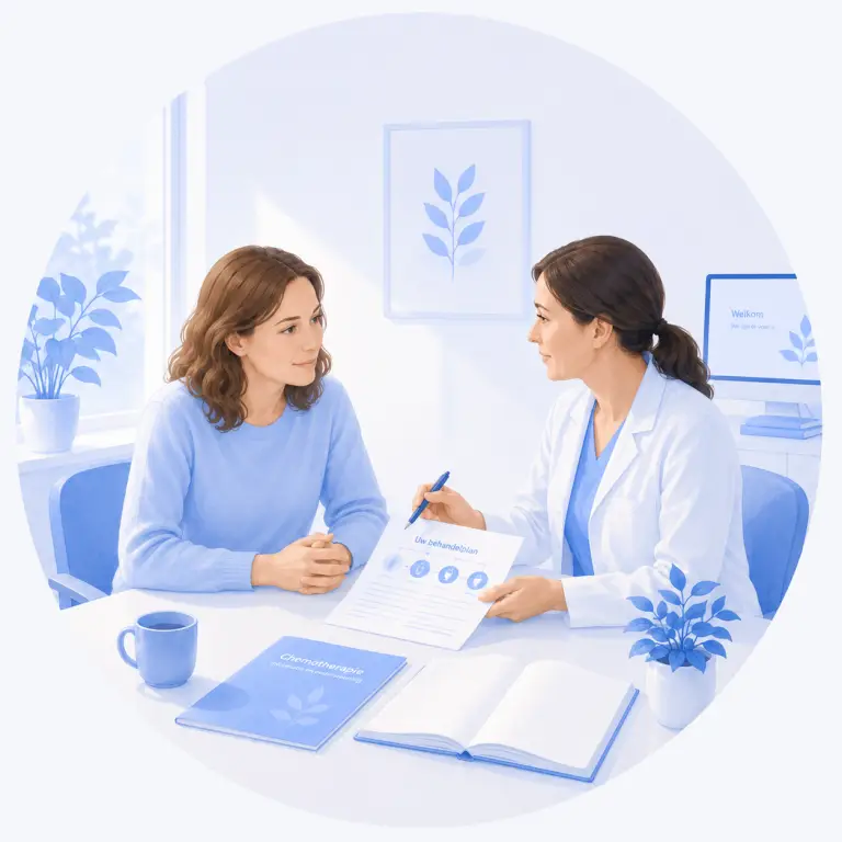 Arts bespreekt het behandelplan voor chemotherapie met een vrouwelijke patiënt tijdens een medisch consult.