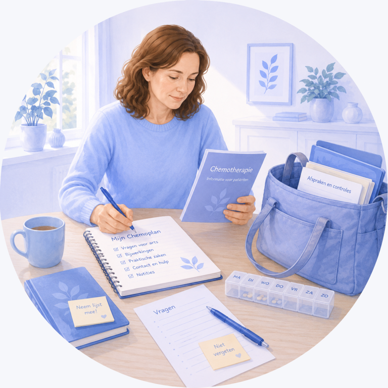 Illustratie van een vrouw die thuis haar persoonlijke chemoplan opstelt en informatie verzamelt voor de behandeling.