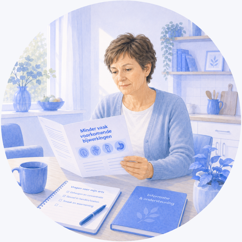 Vrouw leest thuis informatie over minder vaak voorkomende bijwerkingen van chemotherapie.