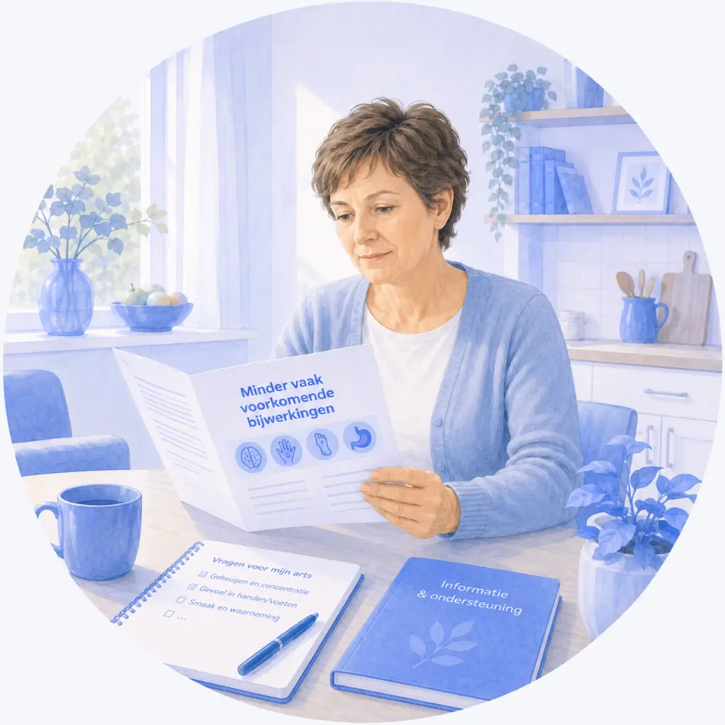 Vrouw leest thuis informatie over minder vaak voorkomende bijwerkingen van chemotherapie.