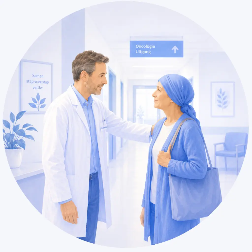 Oncoloog neemt positief afscheid van vrouwelijke patiënt na chemotherapie in een ziekenhuisgang.