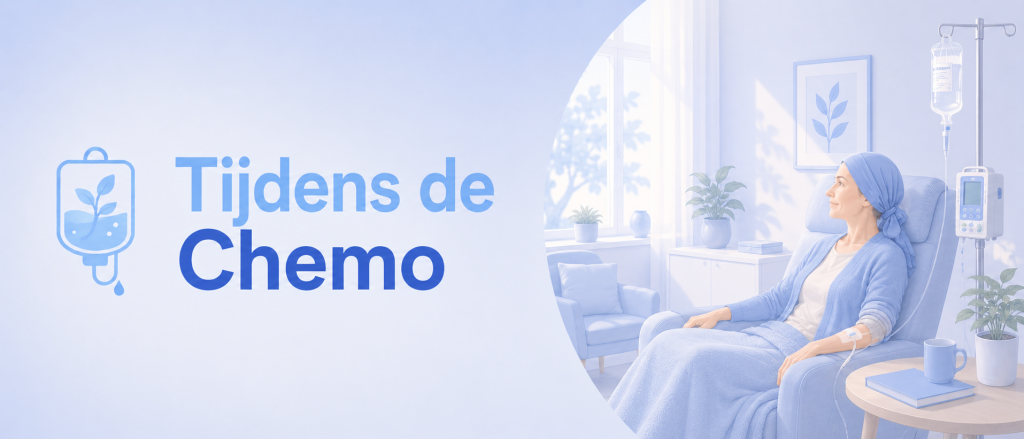 Headerafbeelding voor de pagina ‘Tijdens de chemo’, met een infuusicoon en een patiënt die chemotherapie ontvangt in een rustige en veilige zorgomgeving.