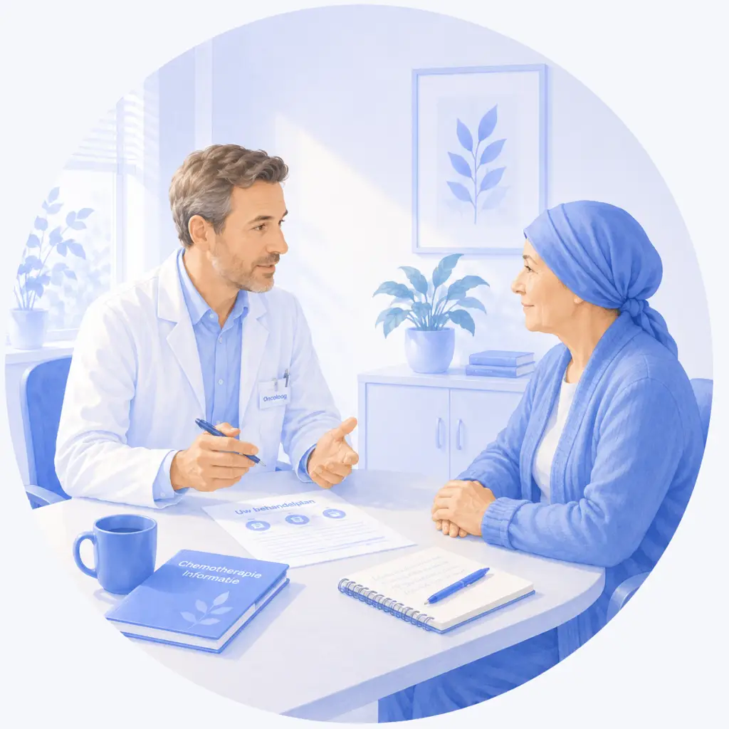 Oncoloog bespreekt chemotherapie en behandeling met een oudere vrouwelijke patiënt met hoofddoek.