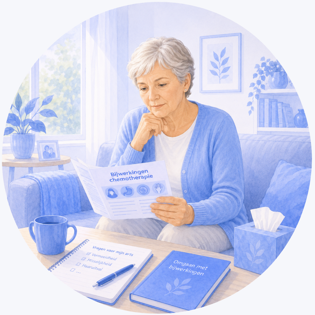 Oudere vrouw leest thuis informatie over vaak voorkomende klachten en bijwerkingen van chemotherapie.