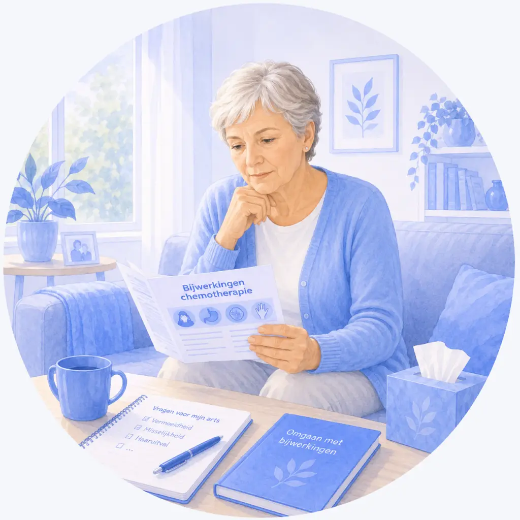 Oudere vrouw leest thuis informatie over vaak voorkomende klachten en bijwerkingen van chemotherapie.
