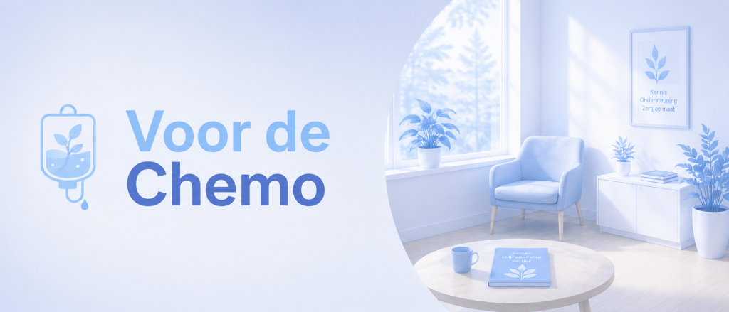 Headerafbeelding voor de pagina ‘Voor de chemo’, met een infuusicoon en een rustige omgeving die voorbereiding op een chemotherapiebehandeling symboliseert.