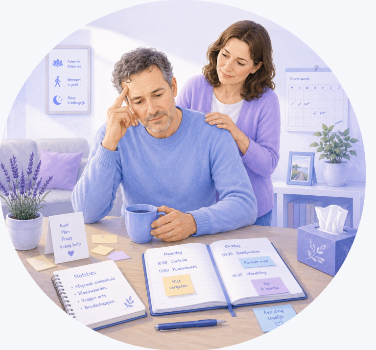 Illustratie van voorbereiding op chemotherapie met een patiënt en partner die samen afspraken, rustmomenten en praktische zaken plannen.