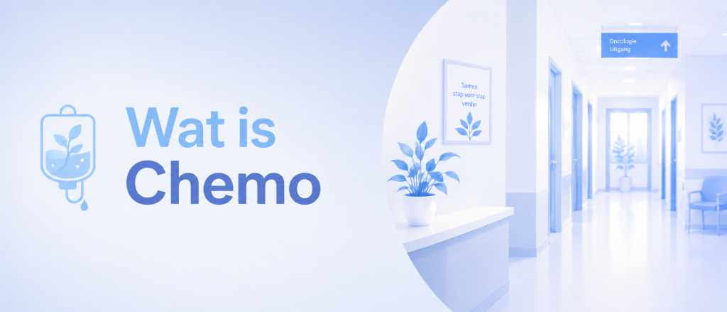 Headerafbeelding voor de pagina ‘Wat is chemo?’, met een infuusicoon en een rustige ziekenhuisomgeving die chemotherapie en oncologische zorg symboliseert.