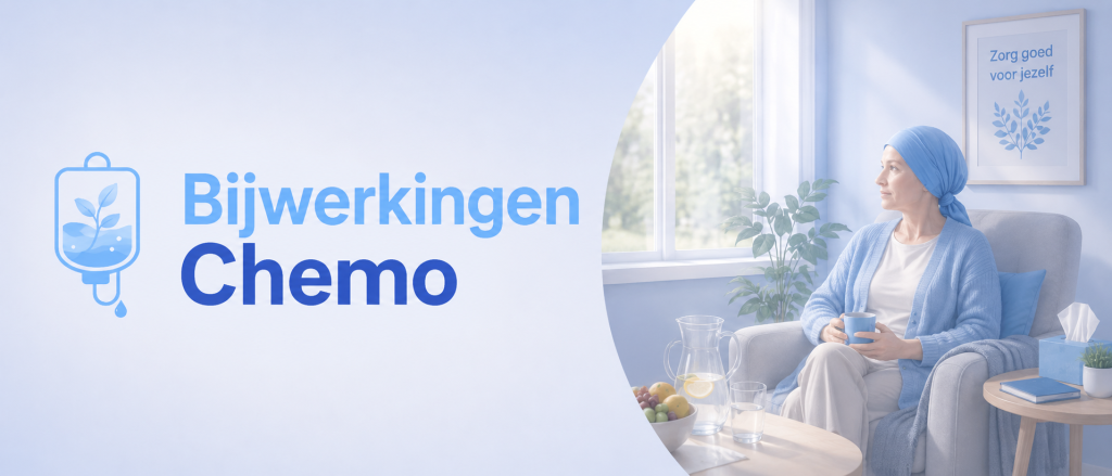 Headerafbeelding voor de pagina ‘Bijwerkingen Chemotherapie’, met een patiënt die rustig zit in een comfortabele stoel tijdens de herstelperiode en informatie zoekt over mogelijke bijwerkingen van chemotherapie.