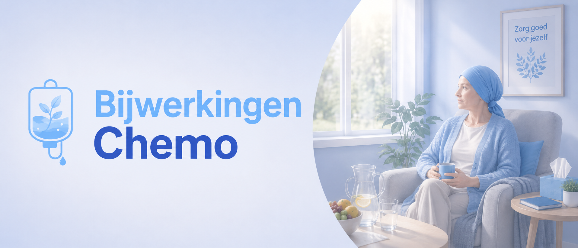 Headerafbeelding voor de pagina ‘Bijwerkingen Chemotherapie’, met een patiënt die rustig zit in een comfortabele stoel tijdens de herstelperiode en informatie zoekt over mogelijke bijwerkingen van chemotherapie.