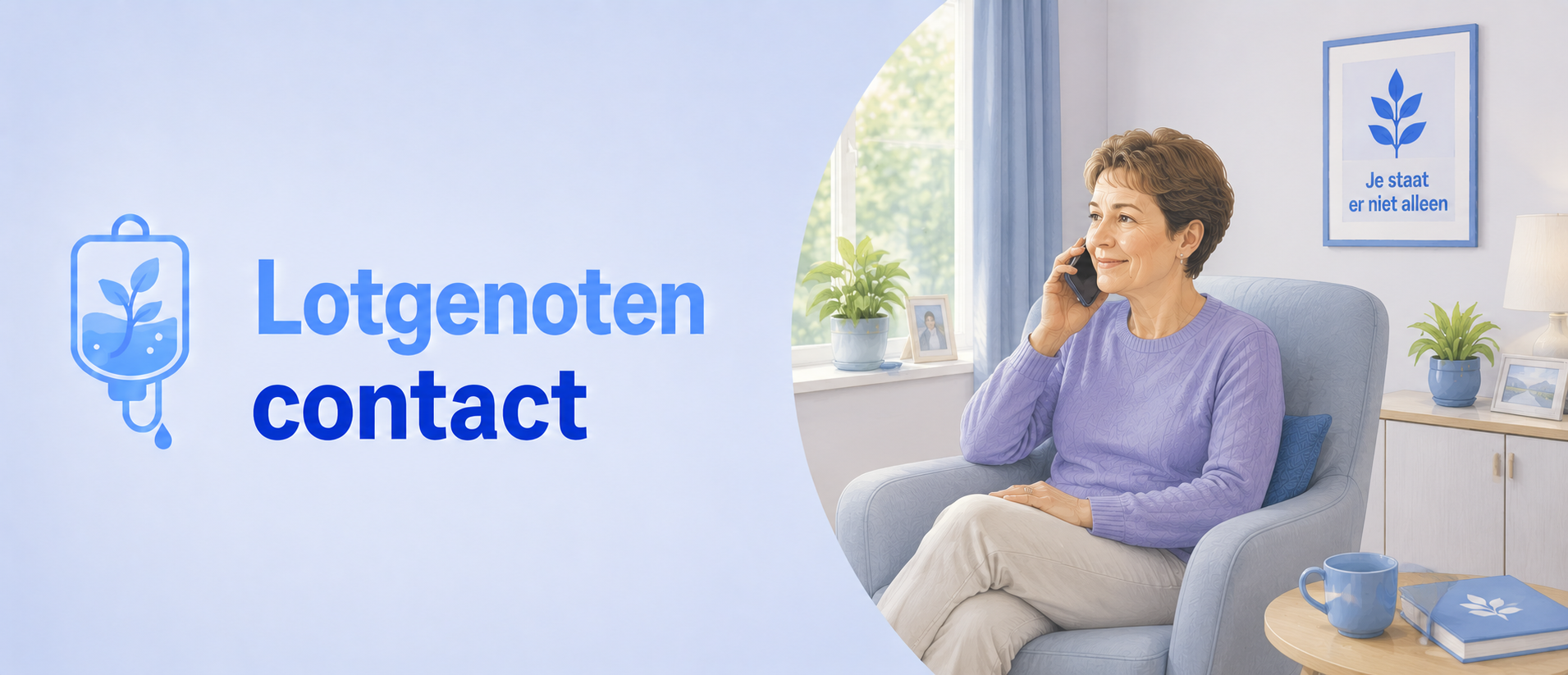 Headerafbeelding voor de pagina ‘Lotgenotencontact’, waarop een patiënt telefonisch contact heeft met een lotgenoot voor steun, herkenning en het delen van ervaringen rondom kanker en chemotherapie.