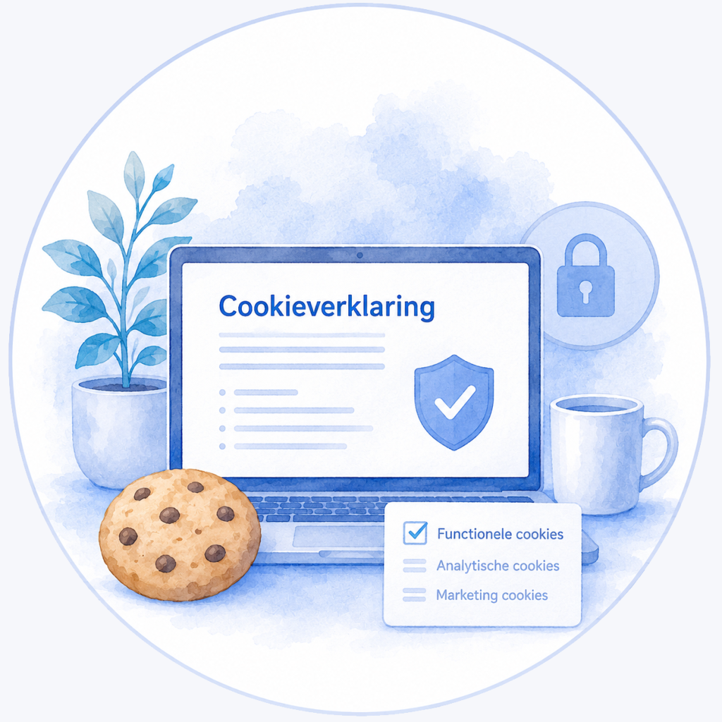 Illustratie bij de cookieverklaring van Chemotherapie.nl met een laptop waarop privacy- en cookie-instellingen worden weergegeven, inclusief beveiligingssymbolen en verschillende soorten cookies.