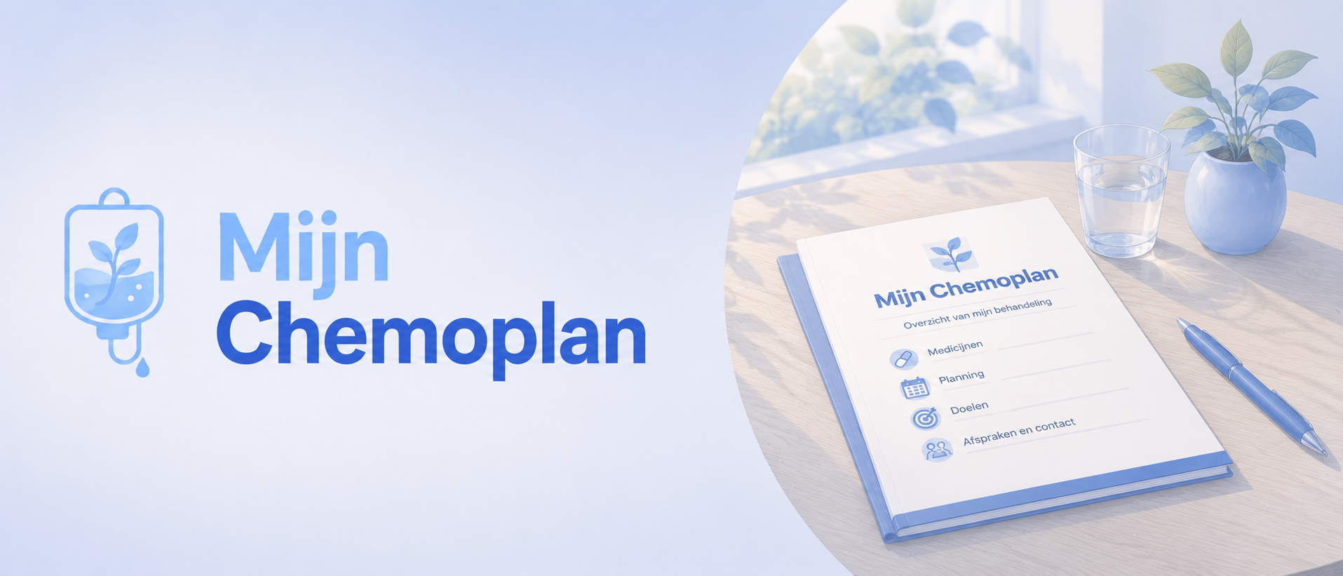 Headerafbeelding voor de pagina ‘Mijn Chemoplan’, met een persoonlijk behandeloverzicht op tafel waarop planning, medicijnen, doelen en contactgegevens overzichtelijk zijn weergegeven.