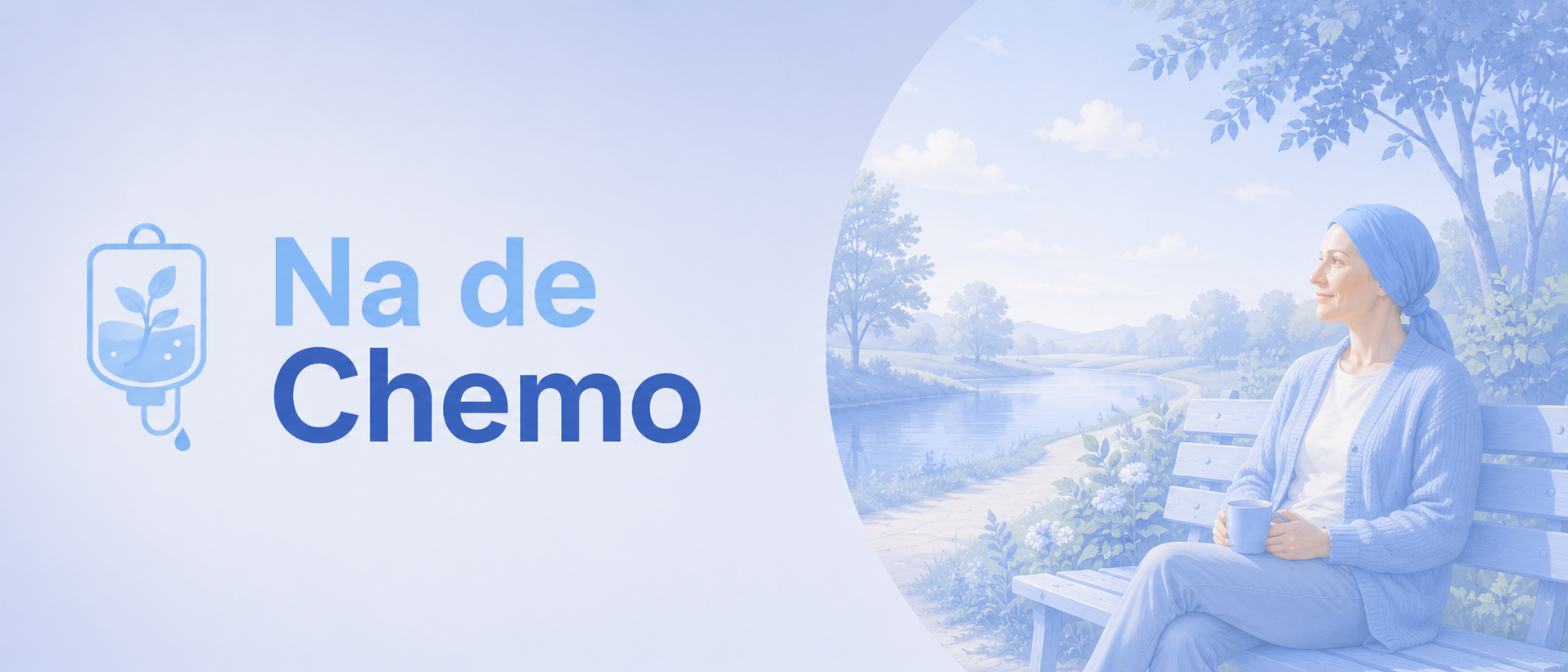 Headerafbeelding voor de pagina ‘Na de chemo’, met een infuusicoon en een patiënt die ontspannen uitkijkt over een rustige natuurlijke omgeving tijdens de herstelperiode na chemotherapie.