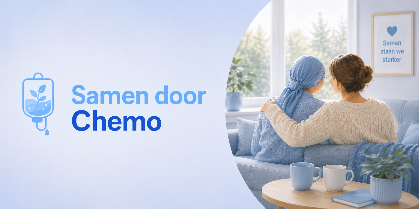 Headerafbeelding voor de pagina ‘Samen door Chemo’, waarop een naaste steun en troost biedt aan iemand die een chemotherapiebehandeling ondergaat.
